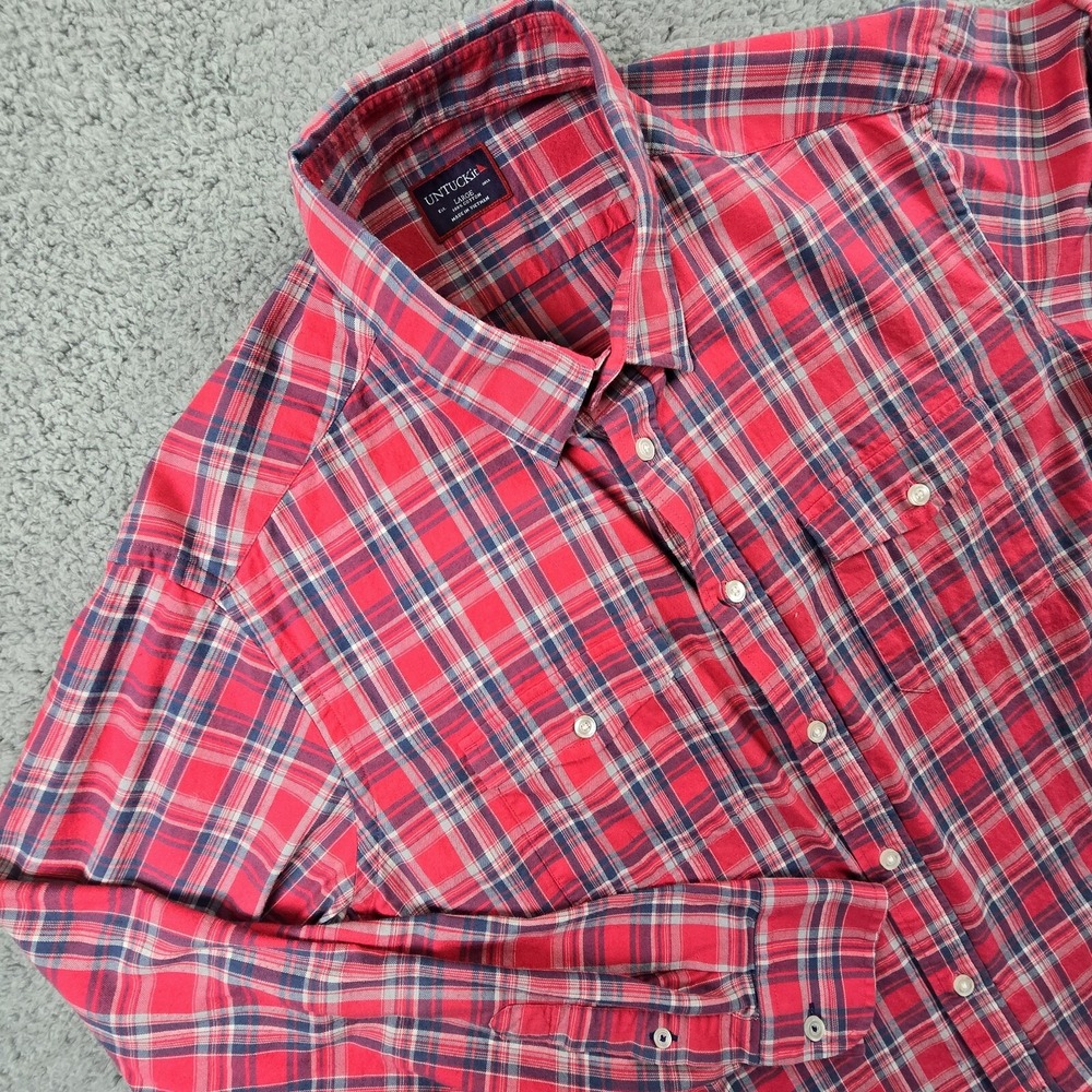 UNTUCKit Mens Large Red Blue‎ Plaid Long Sleeve Dual Pockets Button Up